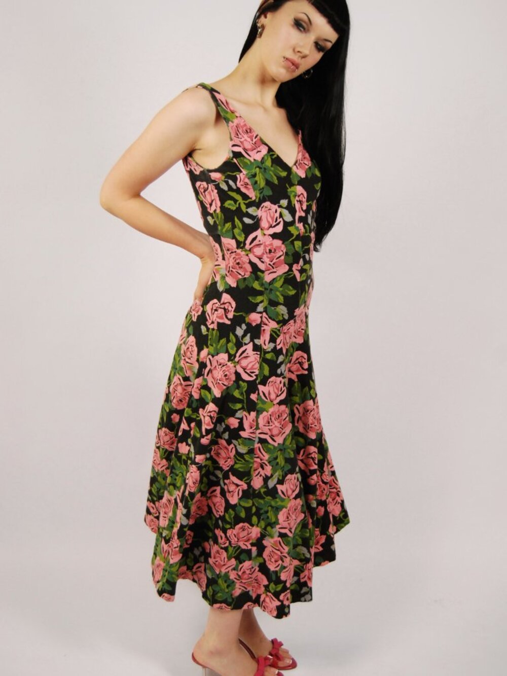 Y2K Betsey Johnson Maxi Dress (S) small black pink vintage rose floral tank chic - Picture 2 of 9